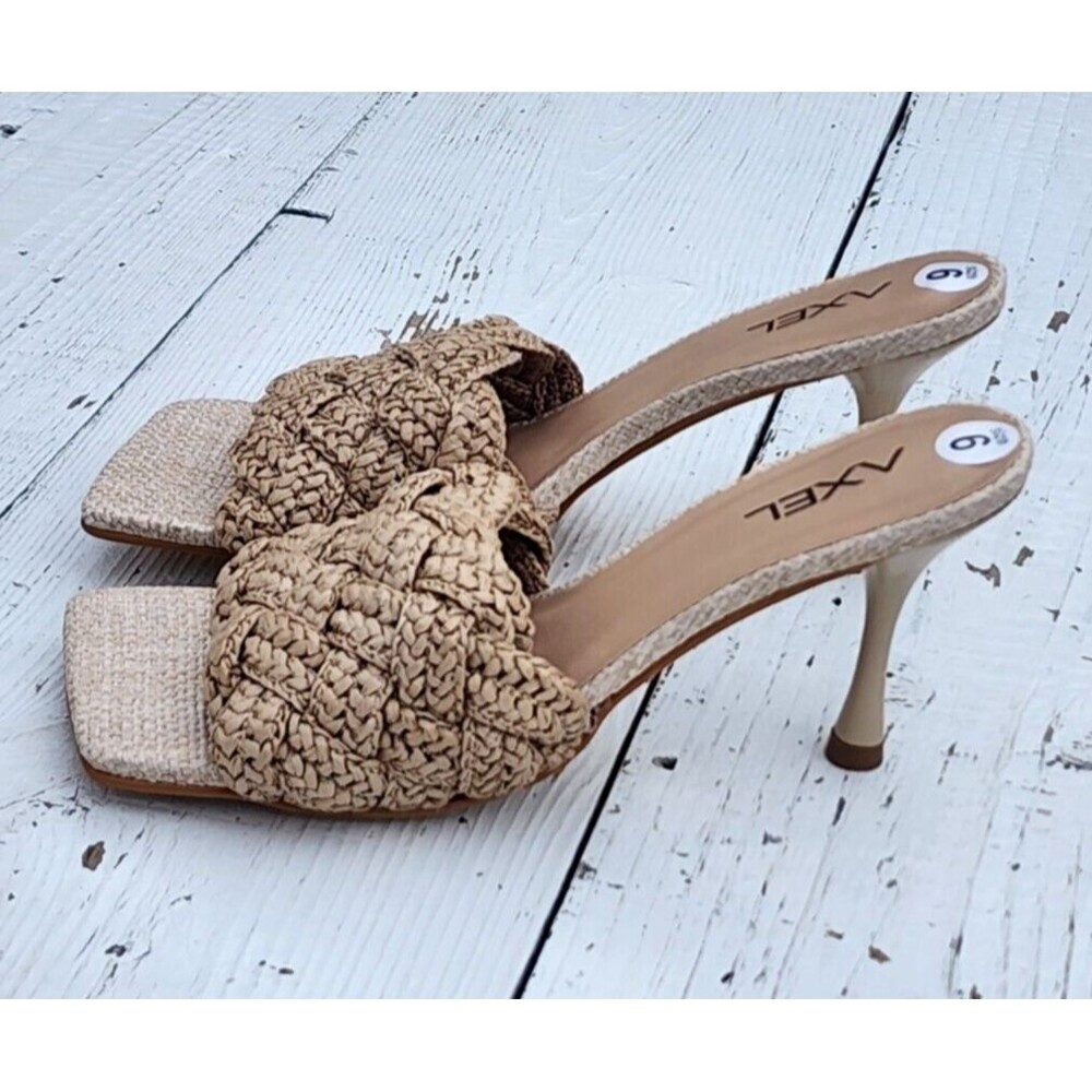 AXEL Women's Light Tan Braided Straw Stiletto Heels Sandals Slip On US 6 EU 36